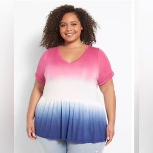 Lane Bryant Short-Sleeve V-Neck Babydoll Tee, size 18/20W, pink, white, blue